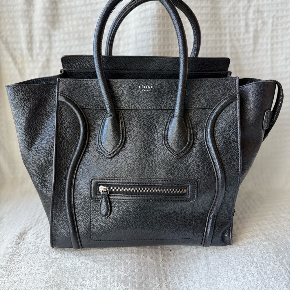 CELINE Black Medium Luggage Tote Grained Calfskin Leather Handbag Bag Micro